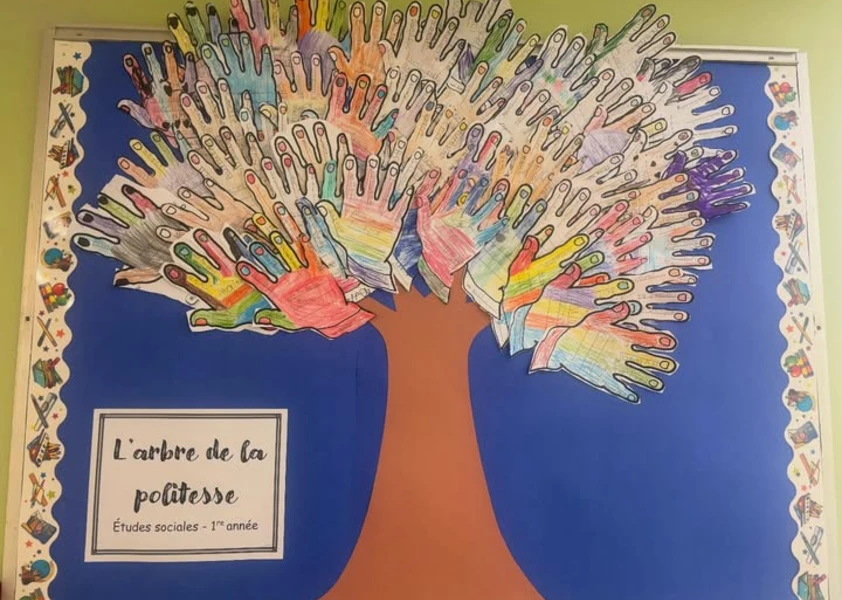 Tableau murale, grand tronc, les feuilles sont les tracés des mains des élèves, sur chaque main se retrouve des mots de politesse utilisés quotidiennement (au revoir, bonjour, merci) 