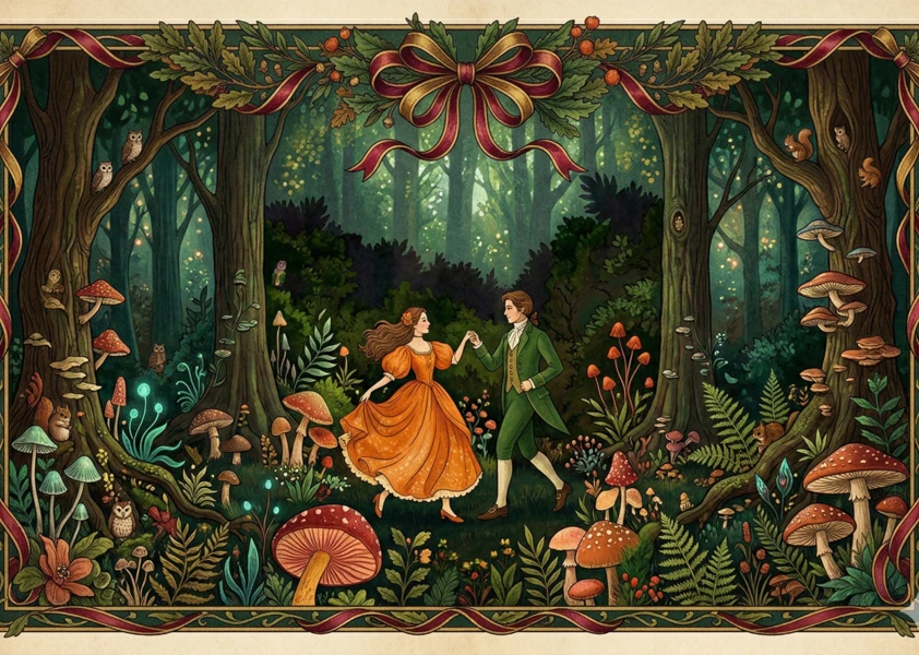 deux personnes en habits d'époque dansent dans une forêt enchantée