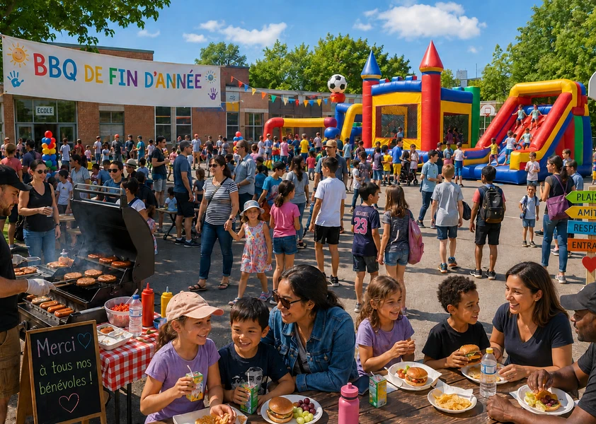 Élèves et familles dans la cour d'une école pour un BBQ de fin d'année, structures gonflables dans l'arrière plan et des familles mangent à des tables de pique-nique