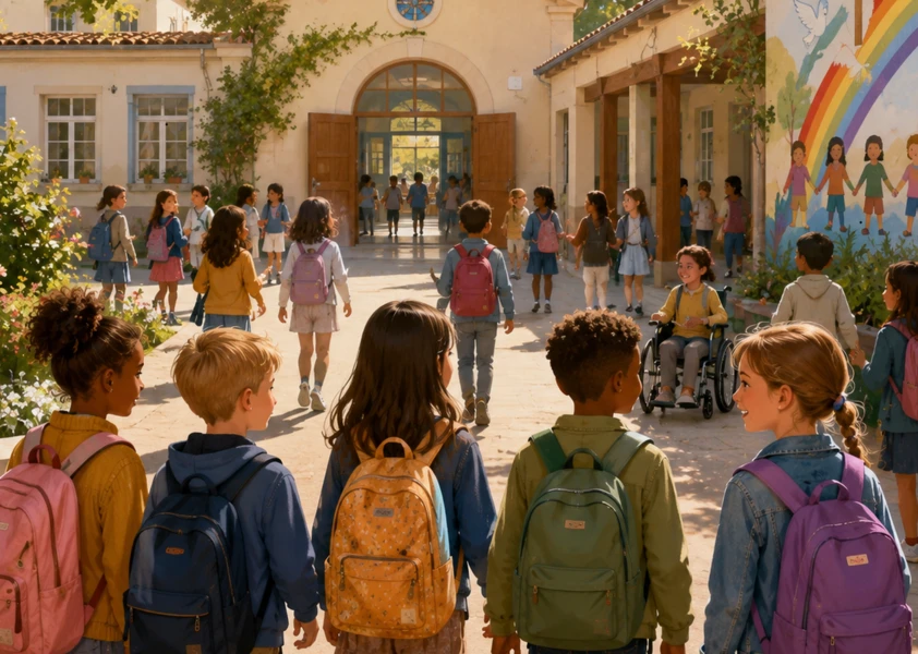 enfants qui arrivent à l'école pour la première journée
