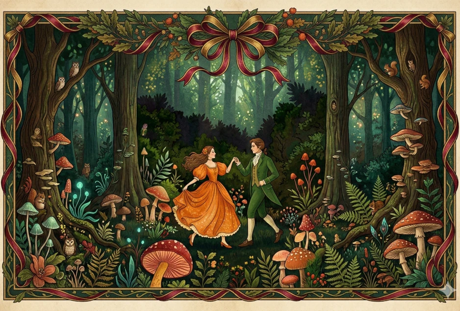 deux personnes en habits d'époque dansent dans une forêt enchantée