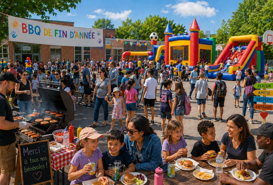 Élèves et familles dans la cour d'une école pour un BBQ de fin d'année, structures gonflables dans l'arrière plan et des familles mangent à des tables de pique-nique