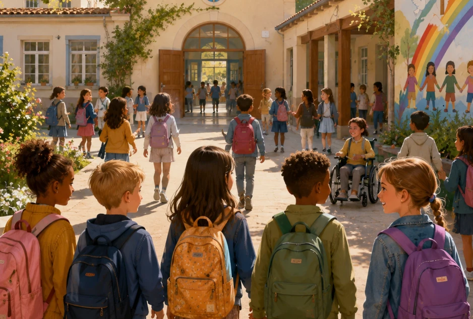 enfants qui arrivent à l'école pour la première journée