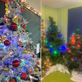 Sapins de Noël décorés et illuminés à l'agora de l'école et dans une salle de classe.